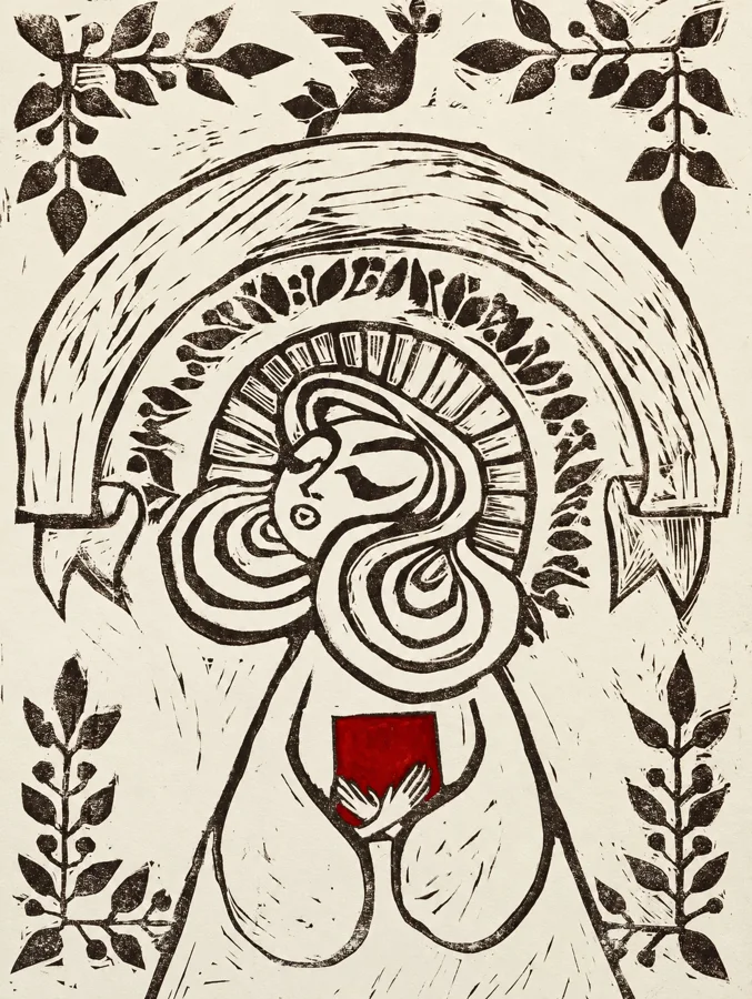 Linocut print of a haloed woman with swirling hair holding a red book to her chest, framed by birds and leafy branches.