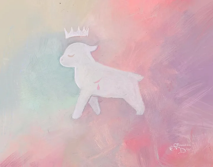 Painting of a white lamb with closed eyes beneath a small crown, a red wound on its chest, on a soft pink and blue ground.