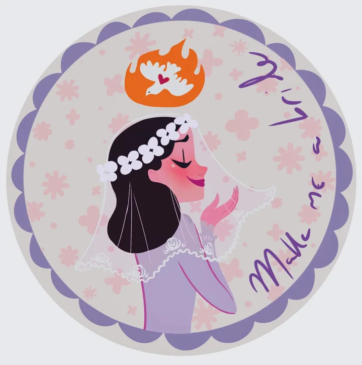 Digital illustration of a veiled woman in a flower crown, eyes closed and hand raised, beneath a white dove in a flame.