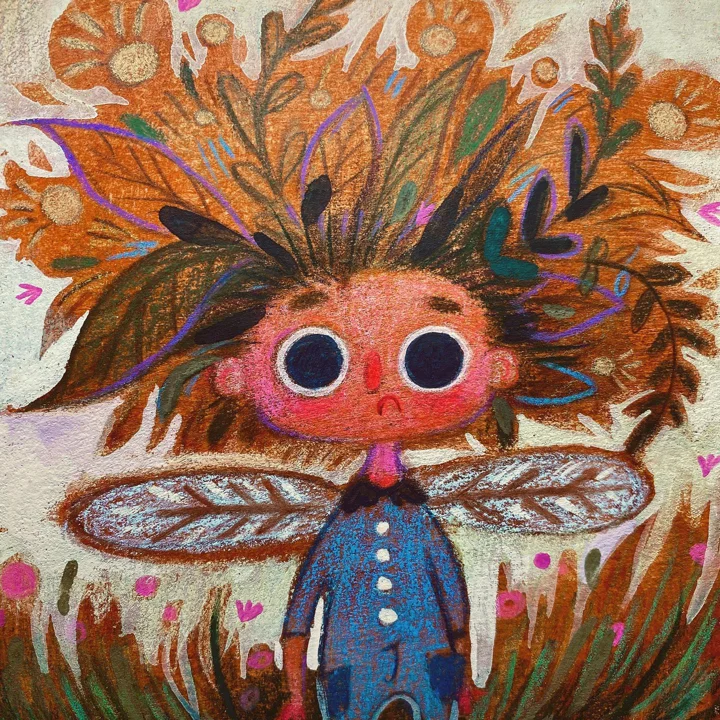 Colored pencil and gouache drawing of a big-eyed fairy child with wild leafy hair, wings, and a blue buttoned suit.