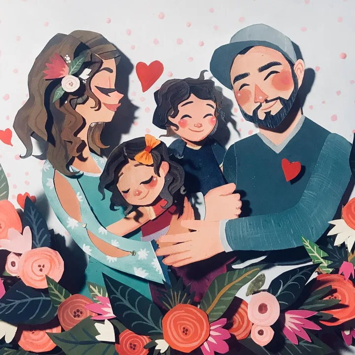 Layered paper-cut family portrait of a mother, a bearded father in a cap, and two little girls among flowers.