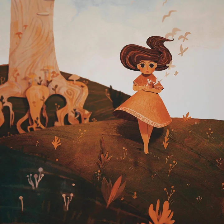 Mixed media scene of a girl in an orange dress releasing small birds on a dark hillside beside a large rooted tree.