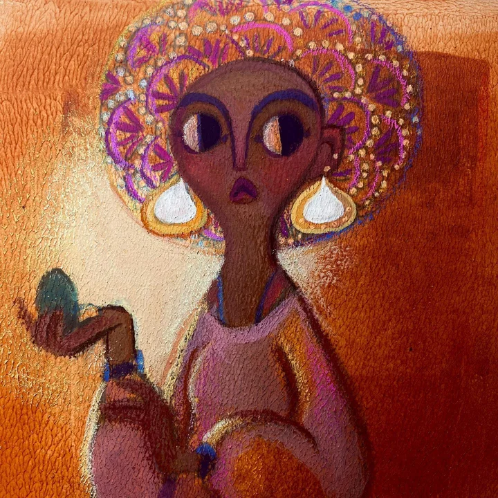 Mixed-media painting of a wide-eyed figure in a patterned purple headdress and white teardrop earrings, holding a teal oval.