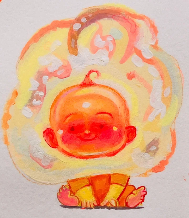 Painting of a smiling baby seated with eyes closed, wrapped in a glowing yellow and orange aura.
