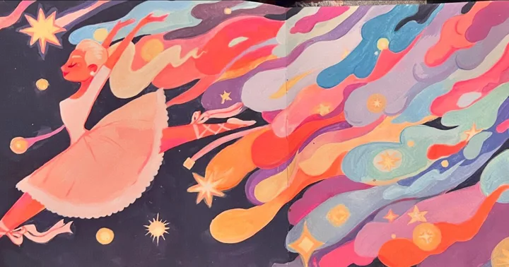 Painting of a ballerina in a pink tutu leaping through swirling ribbons of color on a dark starry sky.