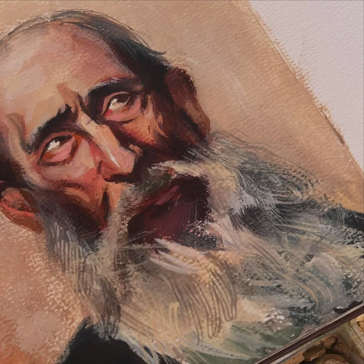 Oil painting of a white-bearded elder with long hair gazing upward, on a sheet of paper photographed at an angle.