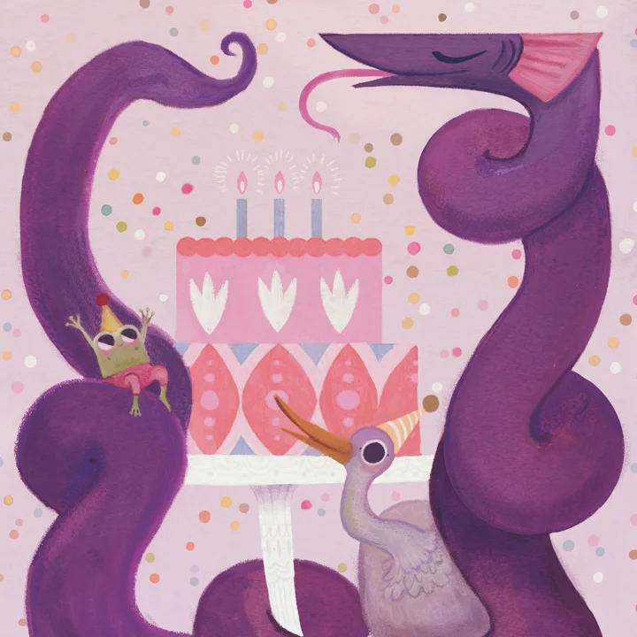 Painting of a party-hatted purple serpent coiled around a pink birthday cake with candles, a small frog, and a white bird.