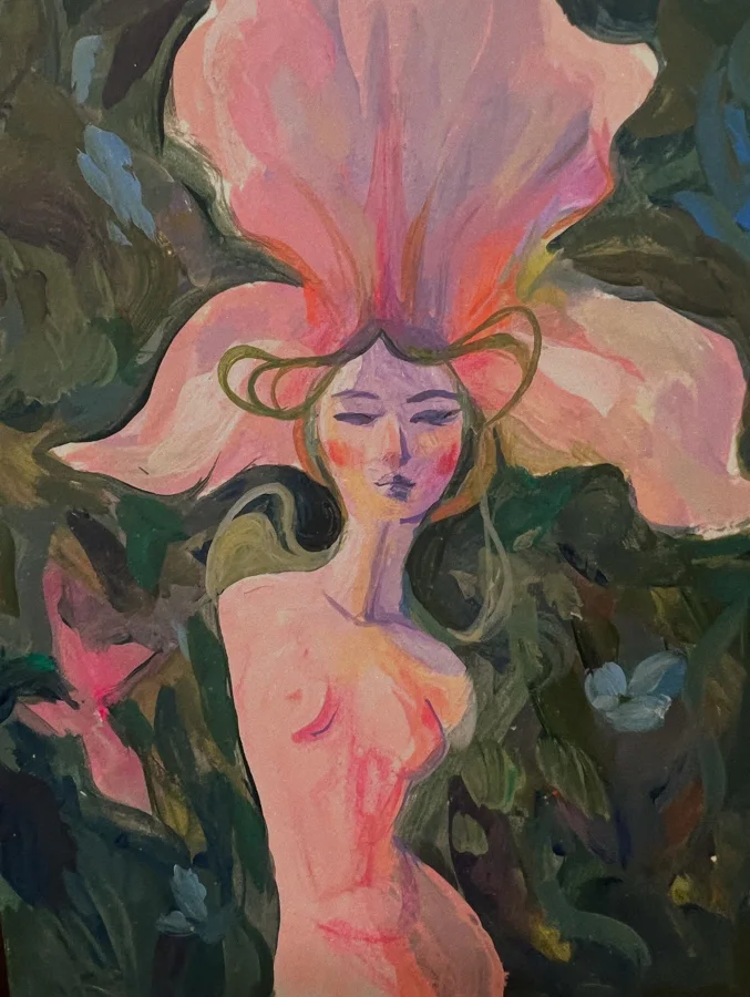 Painting of a nude woman wearing a huge pink flower headdress, surrounded by dark green foliage.