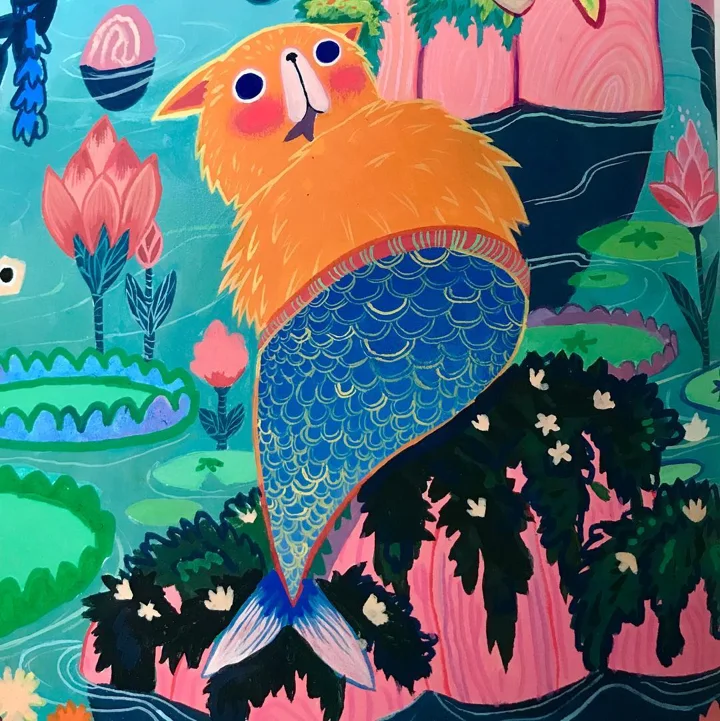 Acrylic painting of an orange cat with a blue scaly fish tail perched on a pink rock among lotus flowers and lily pads.