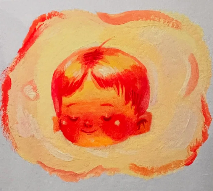Painting of a child's face with closed eyes in red and orange, surrounded by a glowing yellow aura.
