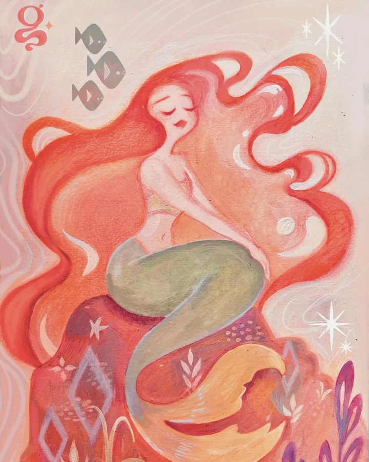 Painting of a mermaid with flowing coral-red hair and a green tail coiled beneath her, with white starbursts.
