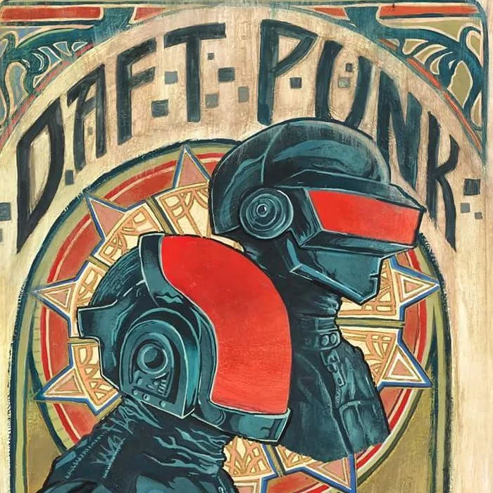 Acrylic painting on wood of the two helmeted Daft Punk musicians in an Art Nouveau frame beneath the band's name.