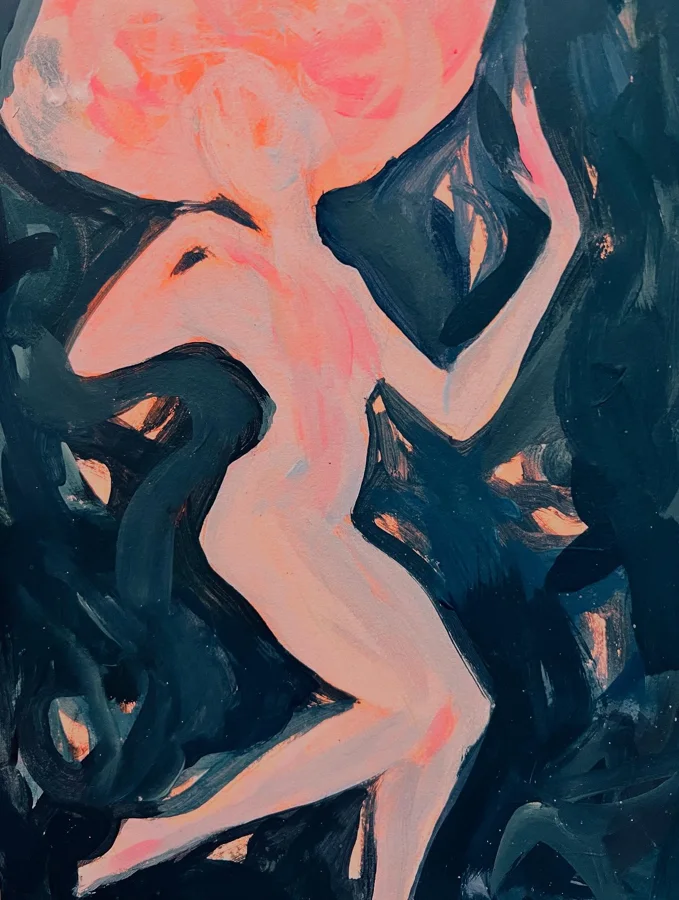 Painting of a pale pink figure leaping with arms raised against swirling dark blue and teal brushstrokes.