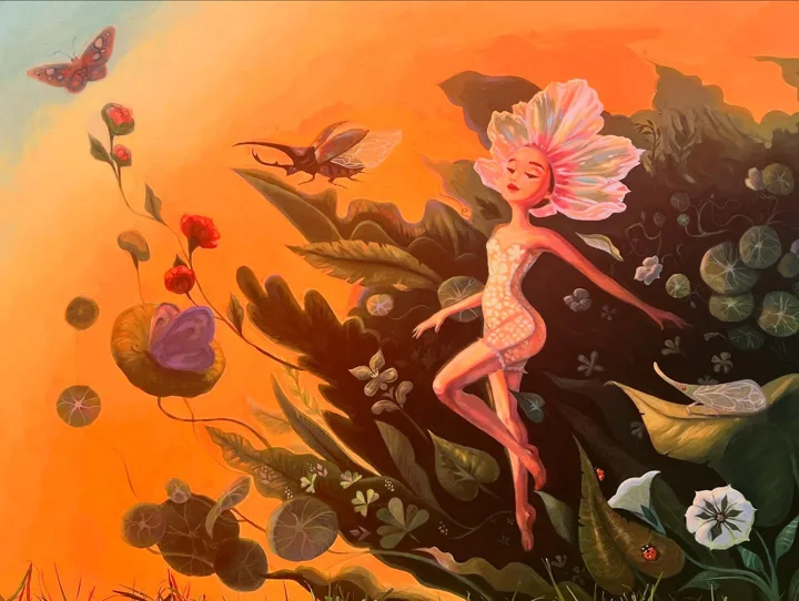 Painting of a fairy with a pink petal headdress dancing through dark foliage against a bright orange sky.