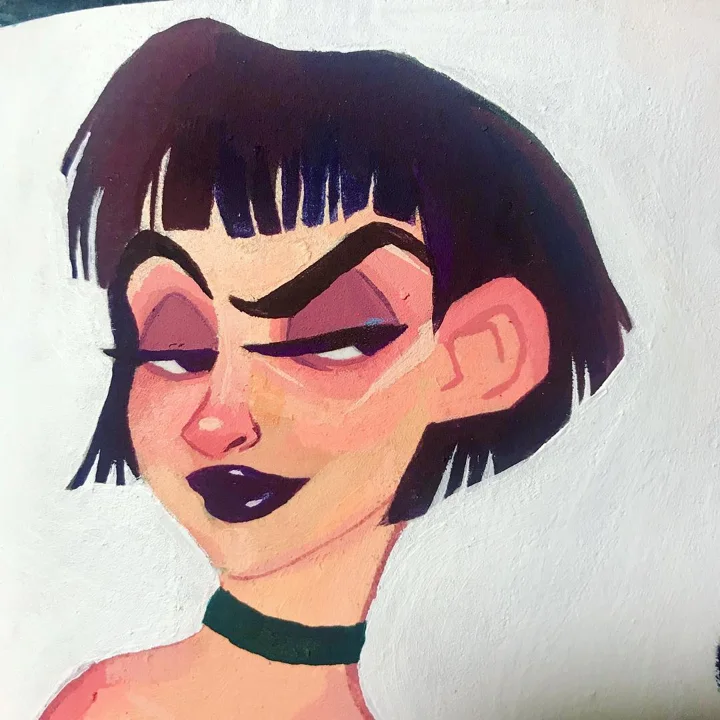 Acrylic painting of a woman with a dark bob and bangs, heavy-lidded eyes, plum lips, and a green choker.