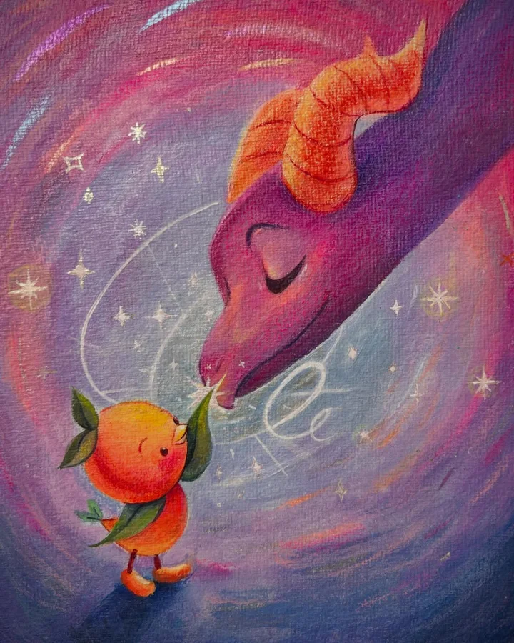 Painting of a purple dragon with orange horns bending to nuzzle a small round orange creature with leaves, among stars.