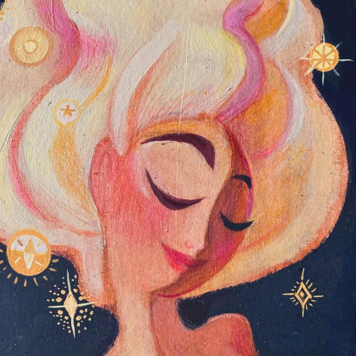 Painting of a woman's face with eyes closed, pale swirling hair, and gold suns and stars on a navy background.