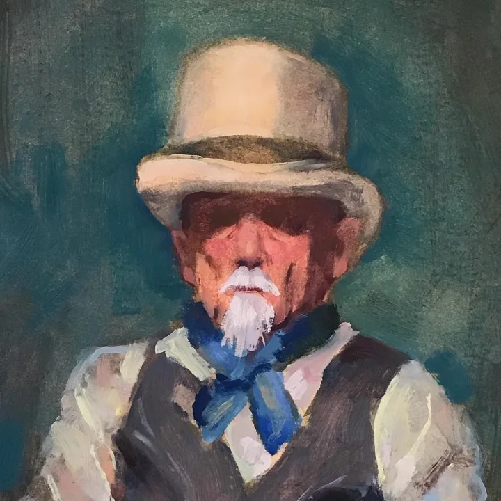 Oil study of an elderly man with a white mustache and goatee in a cream top hat, blue neckerchief, and dark vest.