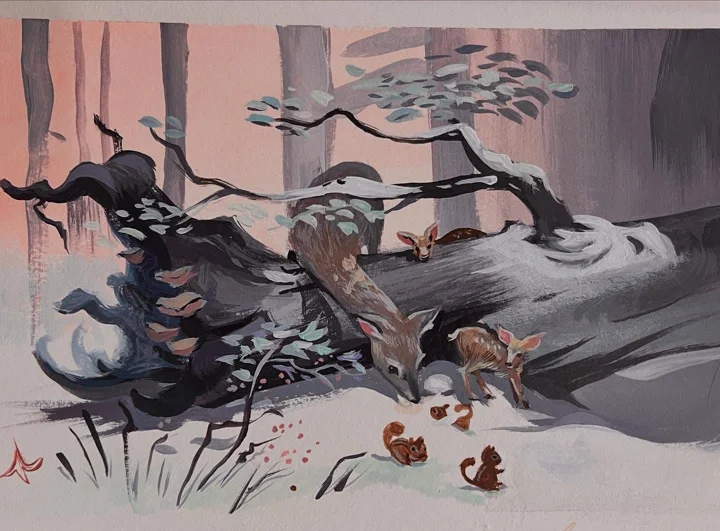 Painting of fawns and squirrels around a fallen log in a misty pink and grey forest.