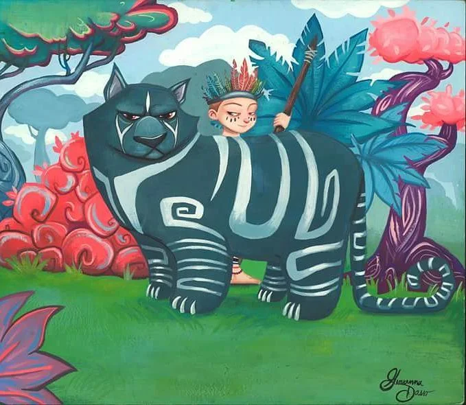 Painting of a boy with a feather crown and spear riding a black panther with white swirl markings through a jungle.