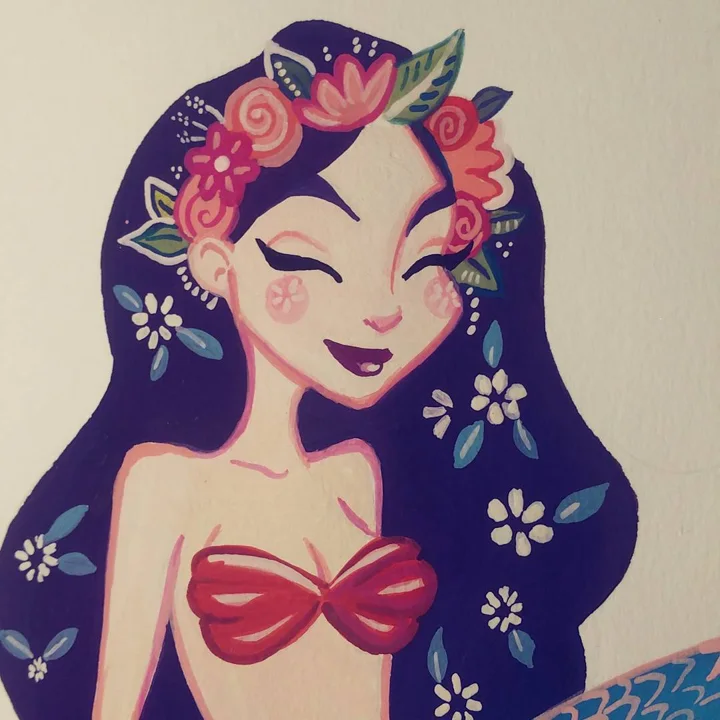 Painting of a smiling girl with long dark hair, a crown of pink roses, white flowers, and a red seashell top.
