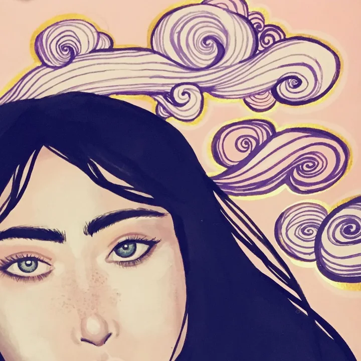 Painting of a freckled young woman with blue eyes and long dark hair beneath swirling purple-outlined clouds.