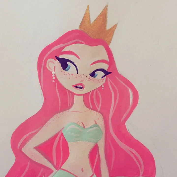 Painting of a freckled girl with long pink hair, a gold crown, pearl earrings, and a mint green top.