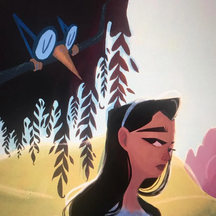 Painting of a girl with long black hair glancing sideways beneath willow fronds, a wide-eyed blue bird perched above.