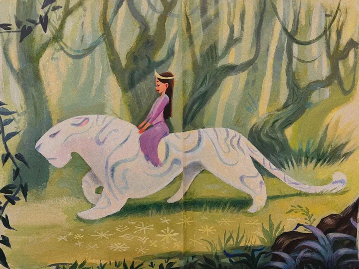 Painting of a girl in a purple dress riding a white tiger with swirling markings through a green forest.