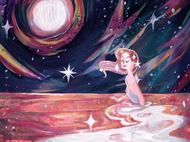 Painting of a pale-haired girl with closed eyes rising from shimmering pink water under a glowing moon and starry sky.
