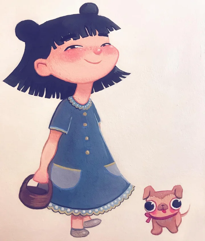 Watercolor of a smiling girl with a black bob in a blue dress, carrying a basket beside a small dog with a pink bow.