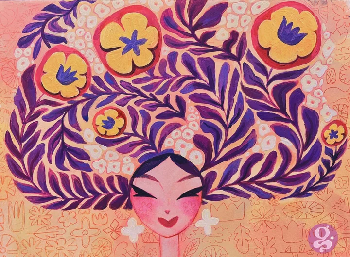 Painting of a smiling girl whose hair spreads into purple leaves and large yellow flowers on a peach background.