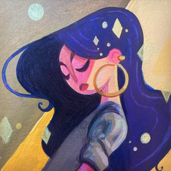 Painting of a girl with closed eyes, long blue-violet hair flecked with white sparkles, and a large gold hoop earring.