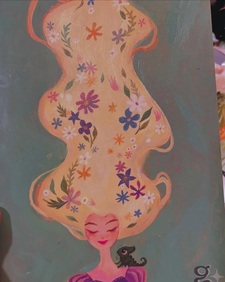 Painting of a girl with closed eyes, her long golden hair rising upward dotted with flowers, a small black dog by her.