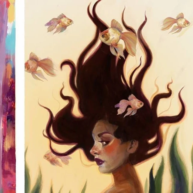 Painting of a woman in profile, her long dark hair floating upward as small goldfish swim through it.