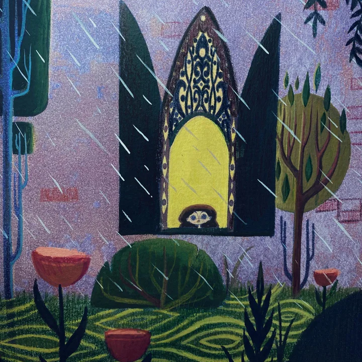 Painting of a glowing gothic arched window in a lavender wall on a rainy day, with trees, shrubs, and red flowers.