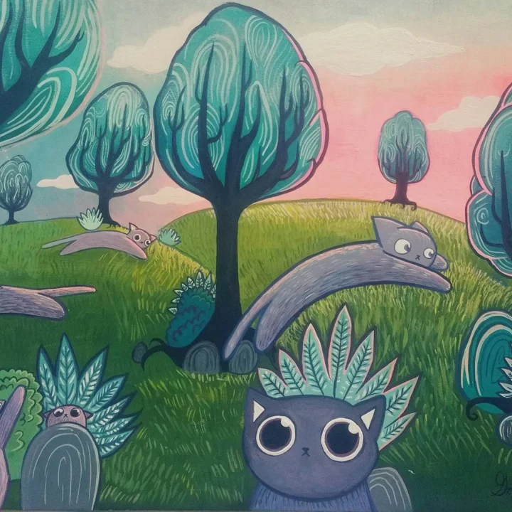 Painting of big-eyed grey cats lounging among teal trees and leafy plants on rolling green hills under a pink sky.
