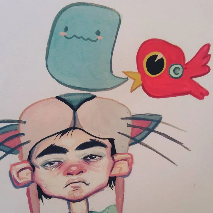 Painting of a frowning boy in a white cat-ear hat beneath a teal speech-bubble ghost and a round red bird.