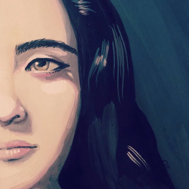 Acrylic painting of a close-cropped woman's face, half visible, with dark brows and long dark hair on a teal ground.