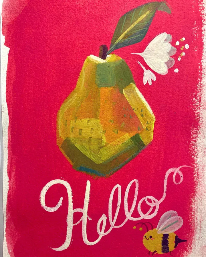 Painting of a faceted green pear with white blossoms and a bee on a red background, with Hello lettered in white.