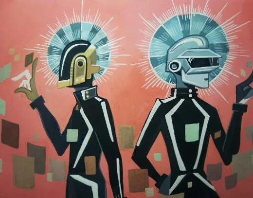 Painting of two robot-helmeted figures in black suits with glowing line patterns and light bursts, on a pink background.
