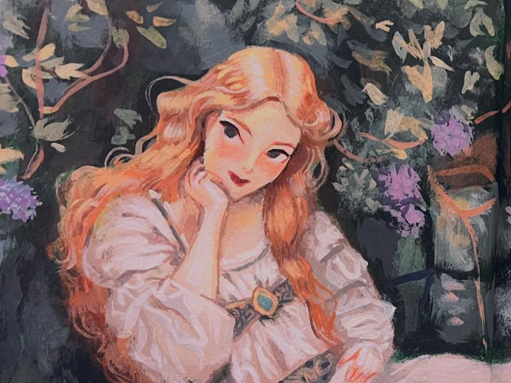 Acrylic painting of a golden-haired girl in a white blouse resting her chin on her hand before dark foliage.