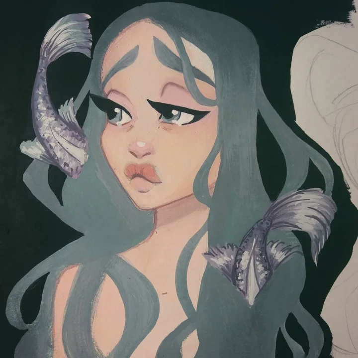 Painting of a girl with long sea-green hair and winged eyeliner as two silver koi swim around her, on a dark background.