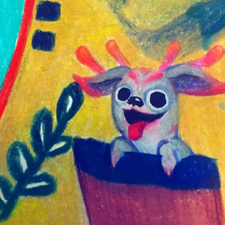 Oil pastel drawing of a grey creature with pink feathery antlers and its tongue out, peeking from a pot on yellow.