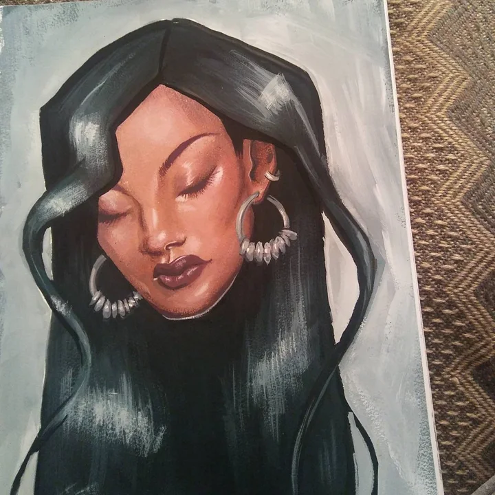 Acrylic painting of a woman with long straight black hair, closed eyes, dark lips, and large beaded silver hoop earrings.