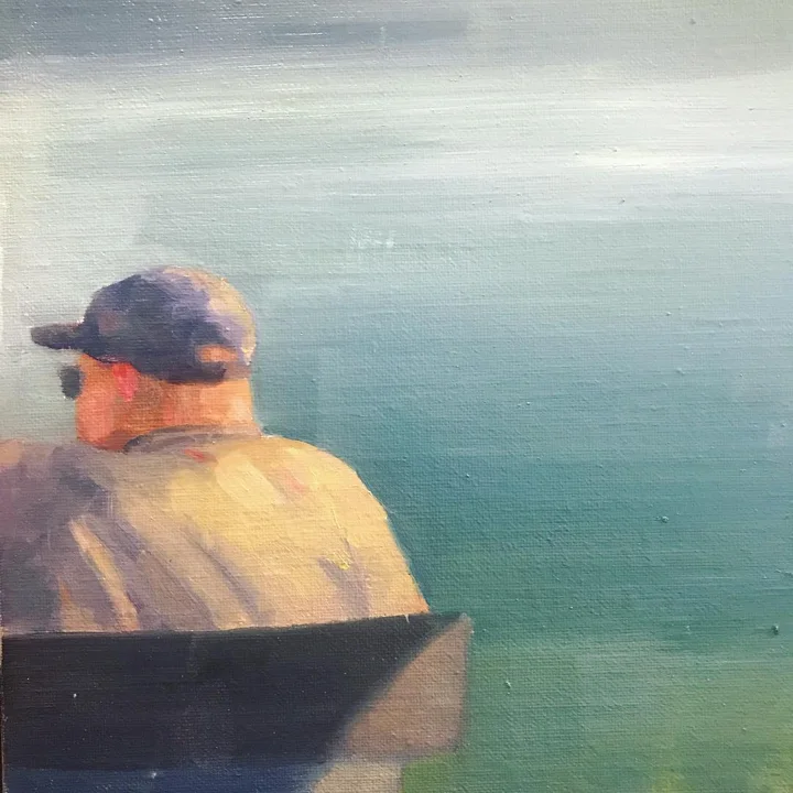 Oil painting of a man in a cap seen from behind, seated before calm gray-green water.