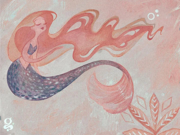 Painting of a mermaid with long pink hair streaming sideways above a blue scaled tail, with pale leaf motifs.