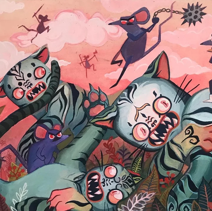Painting of purple mice warriors with spears and a flail battling snarling striped grey cats under a pink sky.