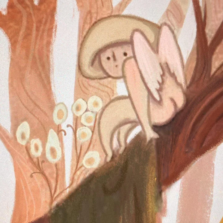 Painting of a tiny fairy with a mushroom-cap hat and pink wings among pale tree trunks and small white flowers.