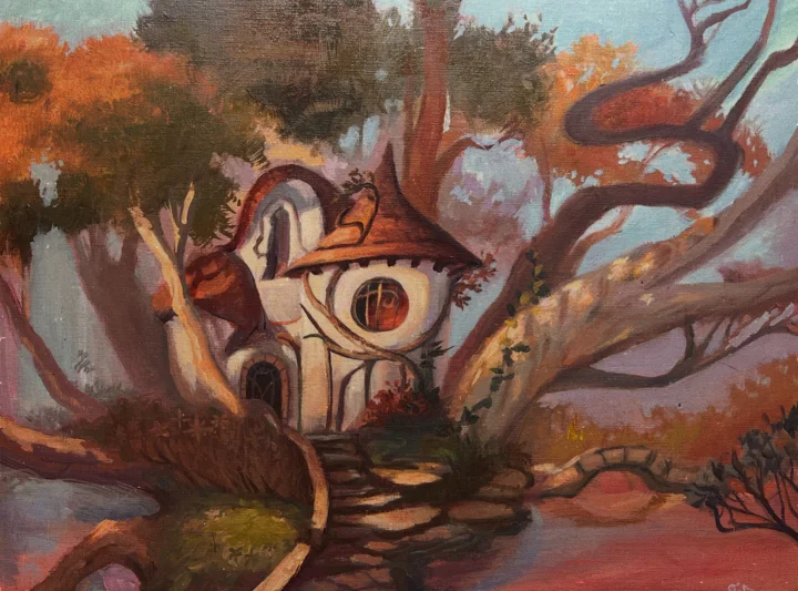 Oil painting of a small white cottage with a pointed brown roof nestled among twisting autumn trees, steps to its door.